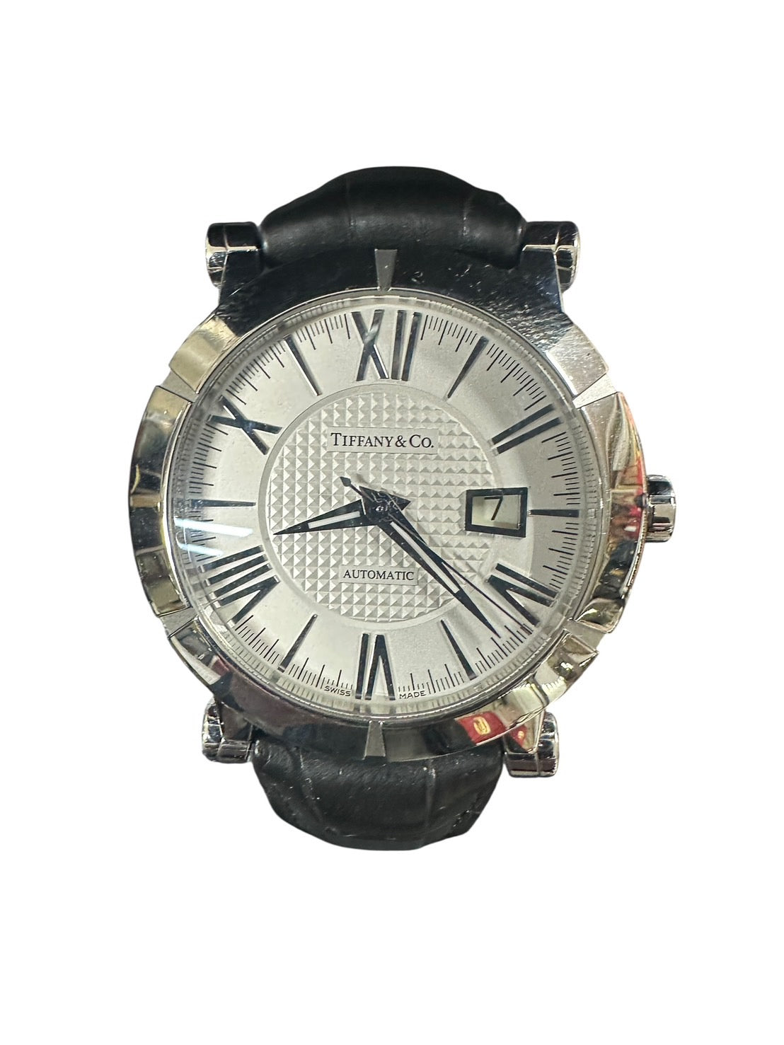 Tiffany & Co. Atlas Dome 43mm White Textured Dial Automatic Black Leather Mens Watch - ER46