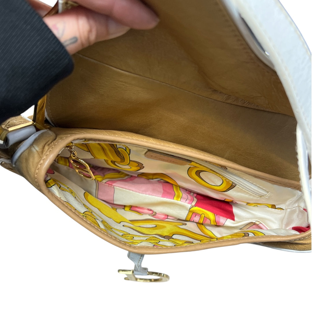 CHRISTIAN DIOR Leather Saddle Shoulder Bag Beige/White Gold Hardware Ch2104