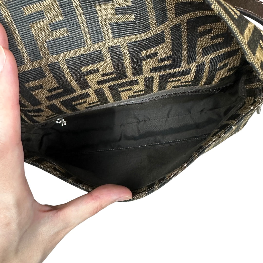 FENDI Zucca Canvas Baguette Shoulder Bag Brown Black Silver Hardware FE378