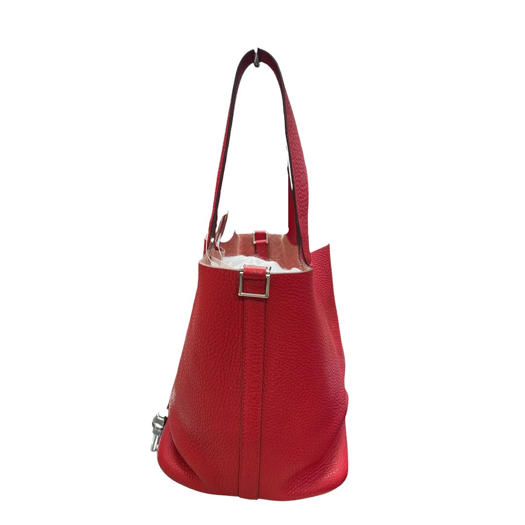 HERMES Clemence Leather Picotin Lock MM Handbag Red Palladium Hardware HE323