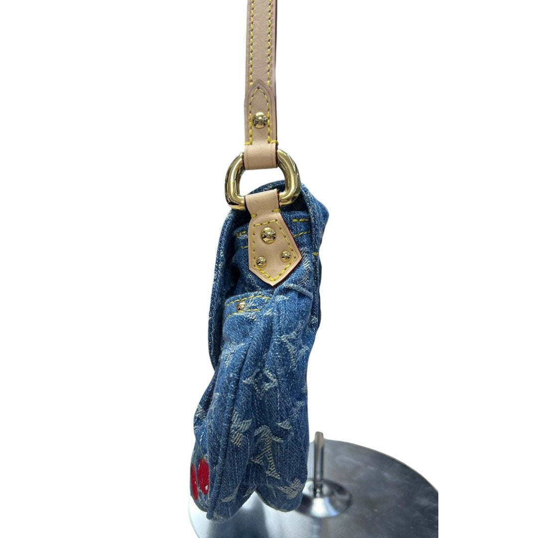 LOUIS VUITTON Monogram Denim, Vachetta Monogram Denim Cerises Sac Fermoir Shoulder Bag Blue, Red, Natural Gold Hardware LO2368