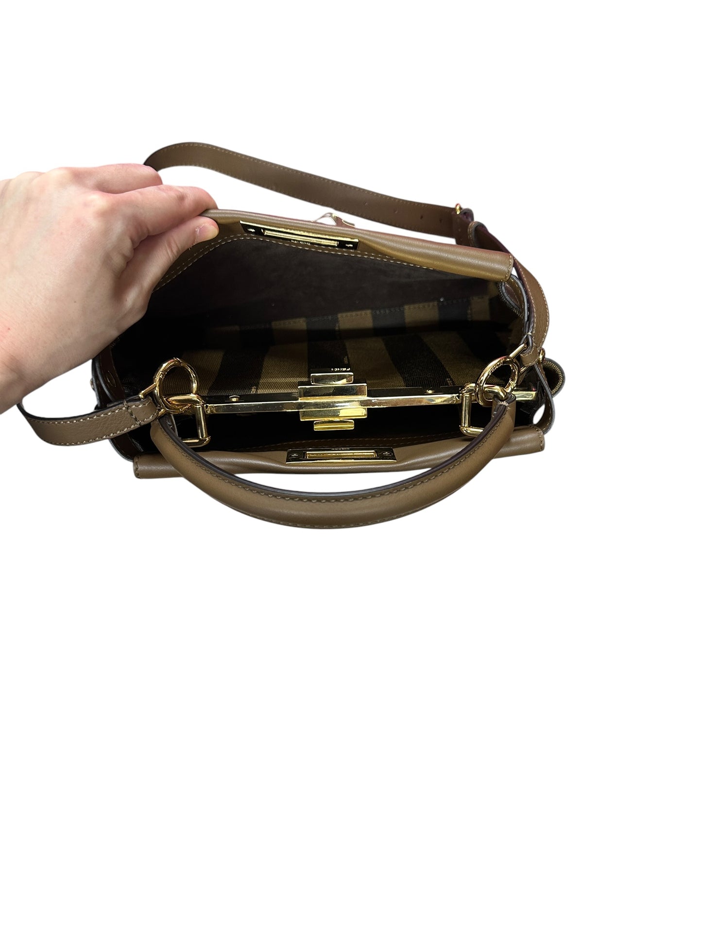 FENDI Peekaboo ISeeU Medium Calfskin Leather 2-way Bag Taupe Gold Hardware FE386