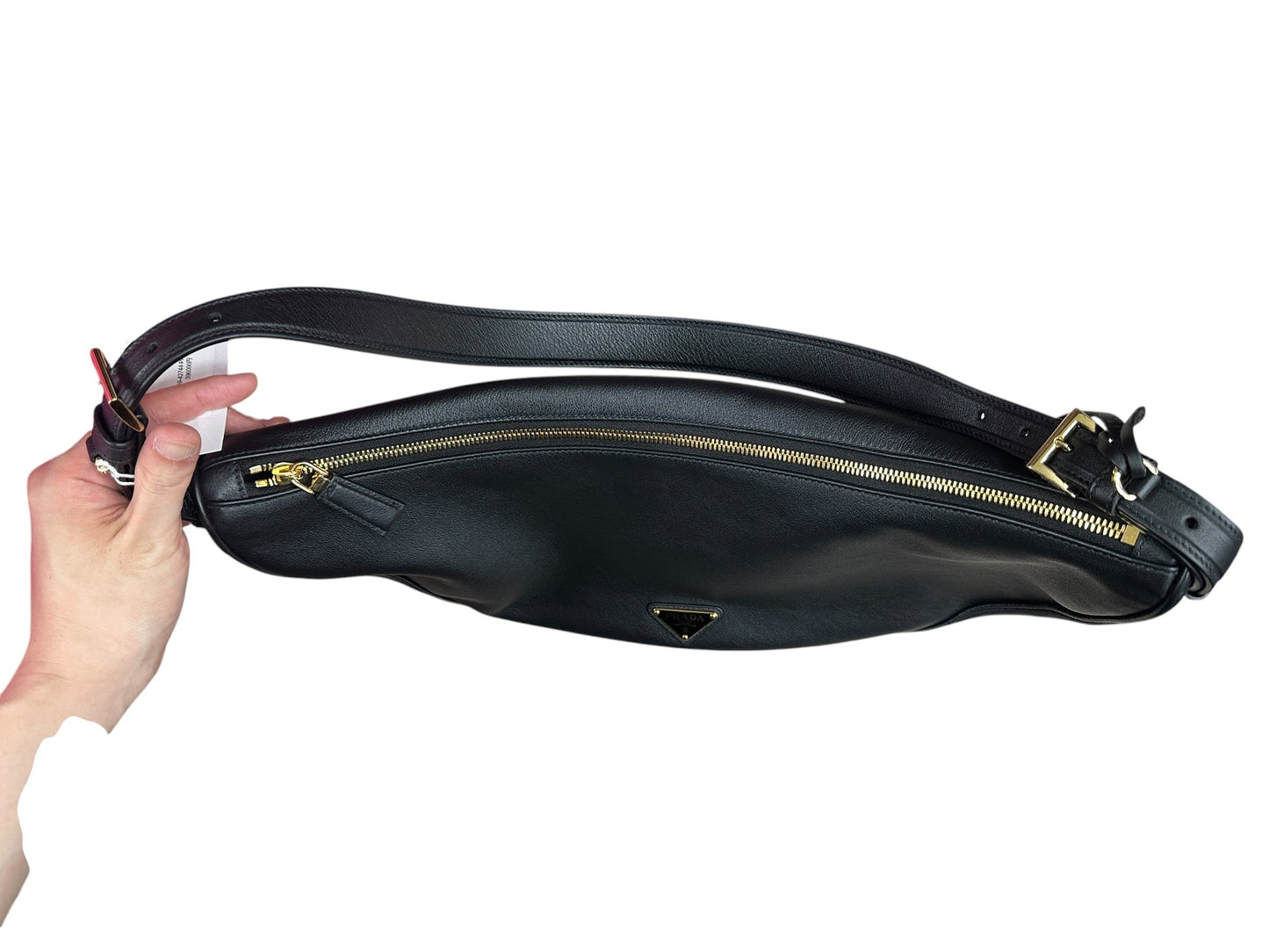 PRADA Arque Smooth Leather Crescent Shoulder Bag Black Gold Hardware PR211