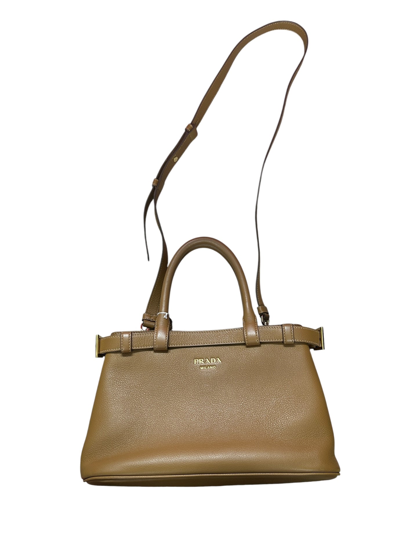 PRADA Buckle Calfskin Leather 2way Handbag Medium Caramel Gold Hardware PR210
