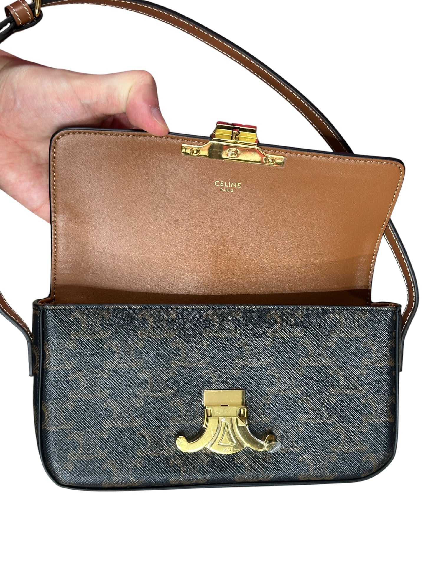 CELINE Triomphe Canvas Calfskin Shoulder Bag Brown Tan Gold Hardware Ce269