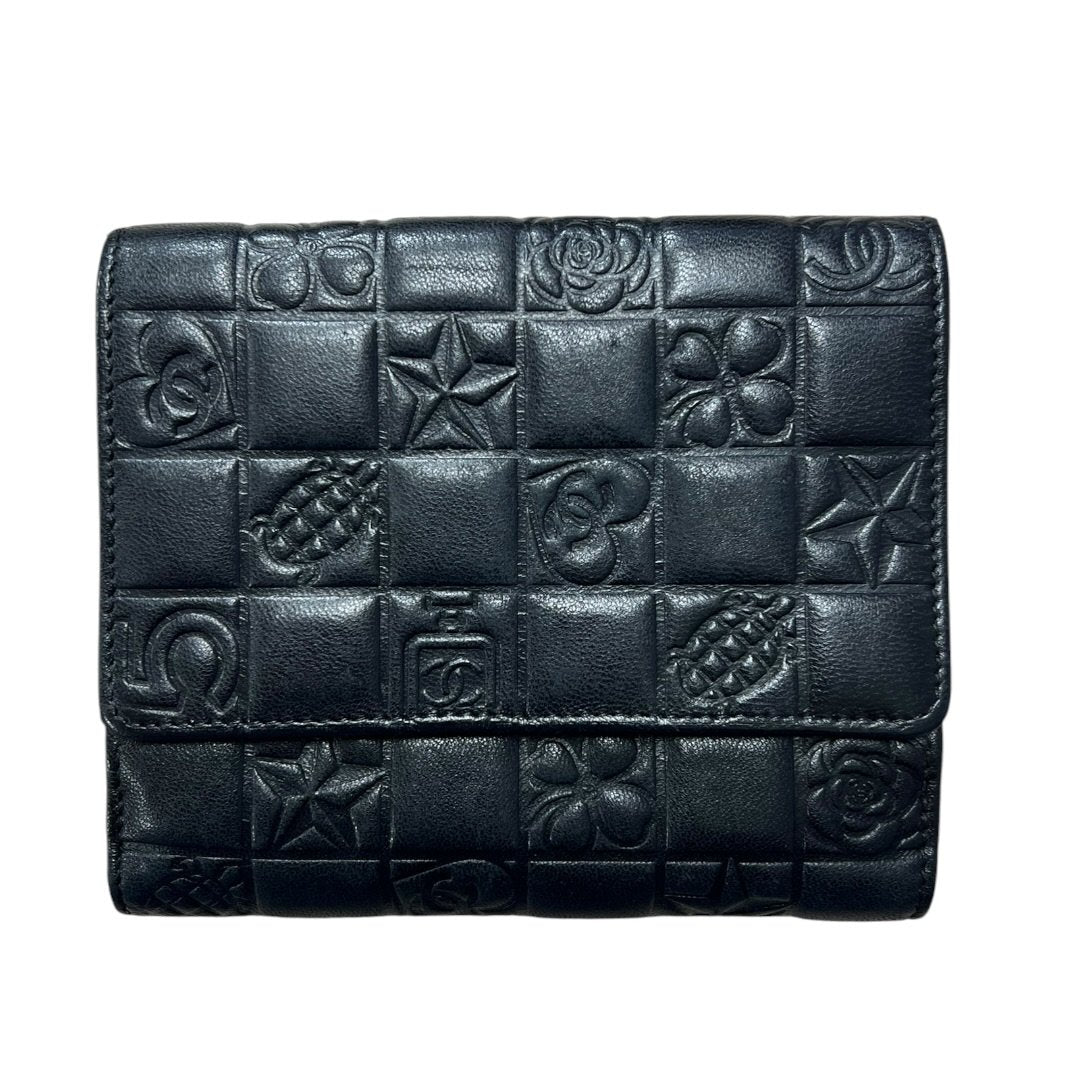 CHANEL Calfskin Timeless Icons Bi-fold Wallet Wallet Black Silver Hardware CH2189
