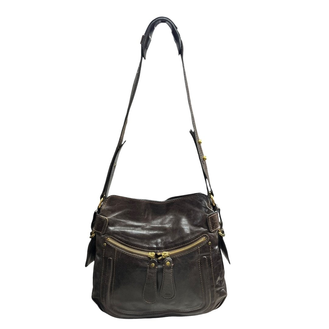 CHLOÉ Leather Bay Bag Shoulder Bag Dark Brown Gold Hardware ch2241