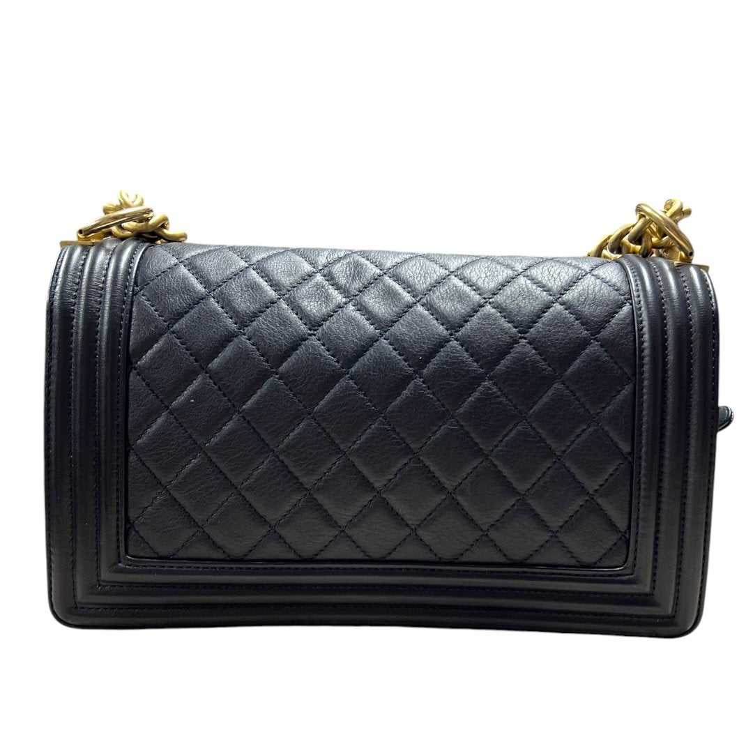 CHANEL Calfskin Boy Bag Shoulder Bag Navy Blue Aged Gold-tone Hardware CH2257