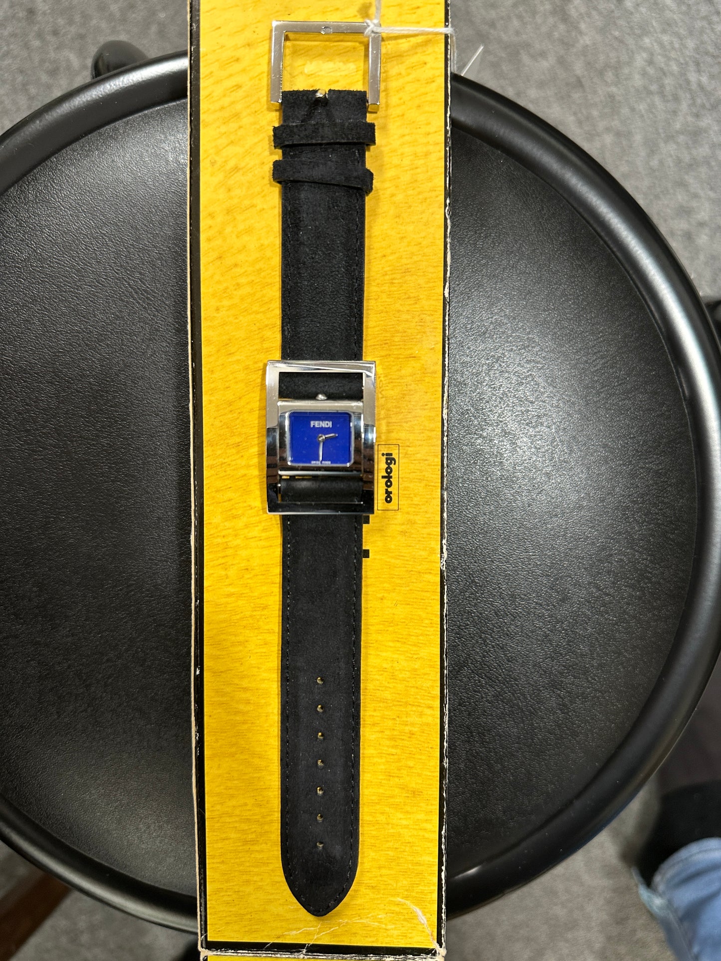 Fendi Cut-Out Square Blue Dial Stainless Steel Black Leather 17x19mm Ladies Watch - ER42