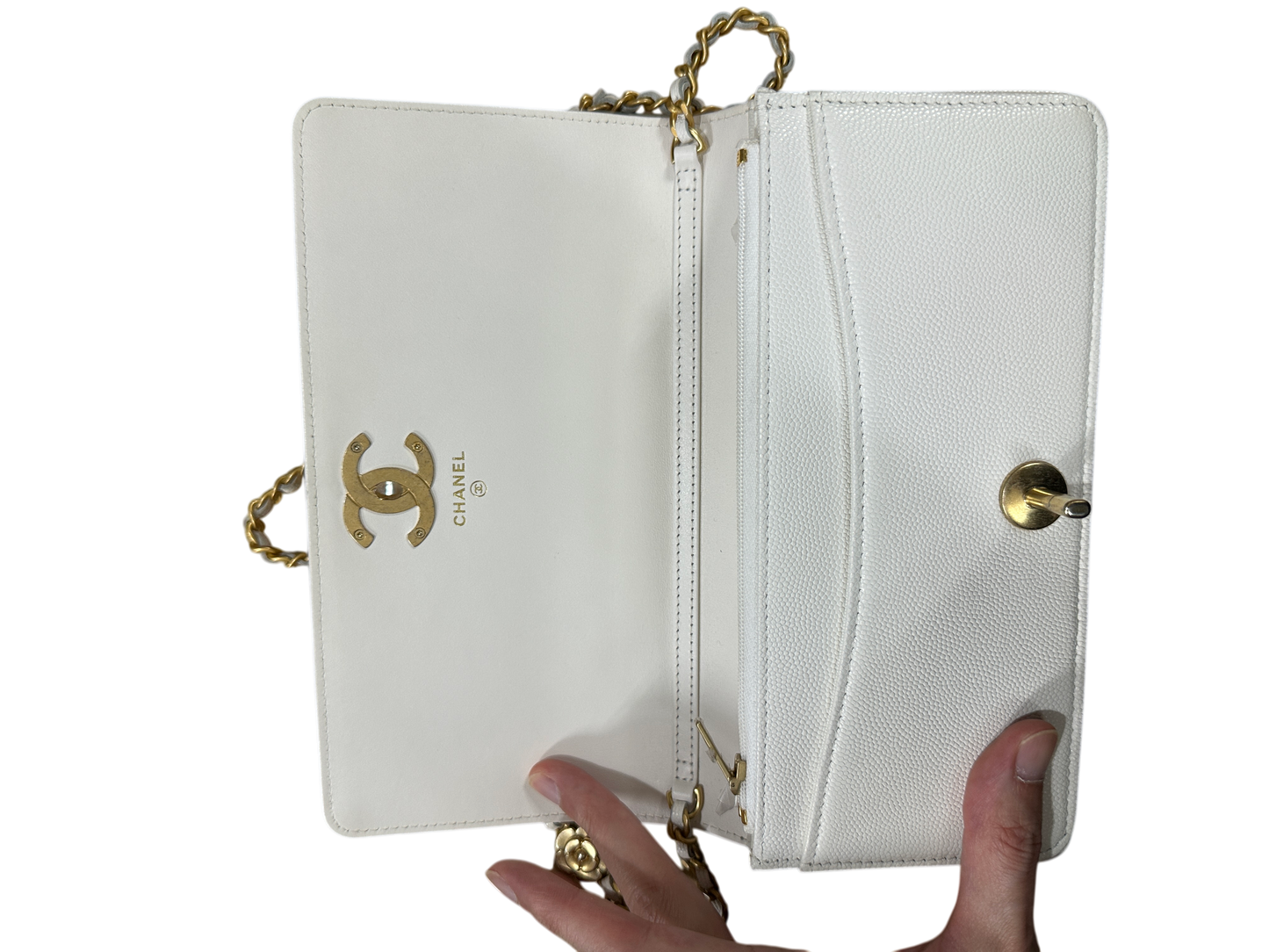 Chanel Matelasse 21 Camellia CC Wallet on Chain WOC White Caviar Leather Gold Hardware - CH2080