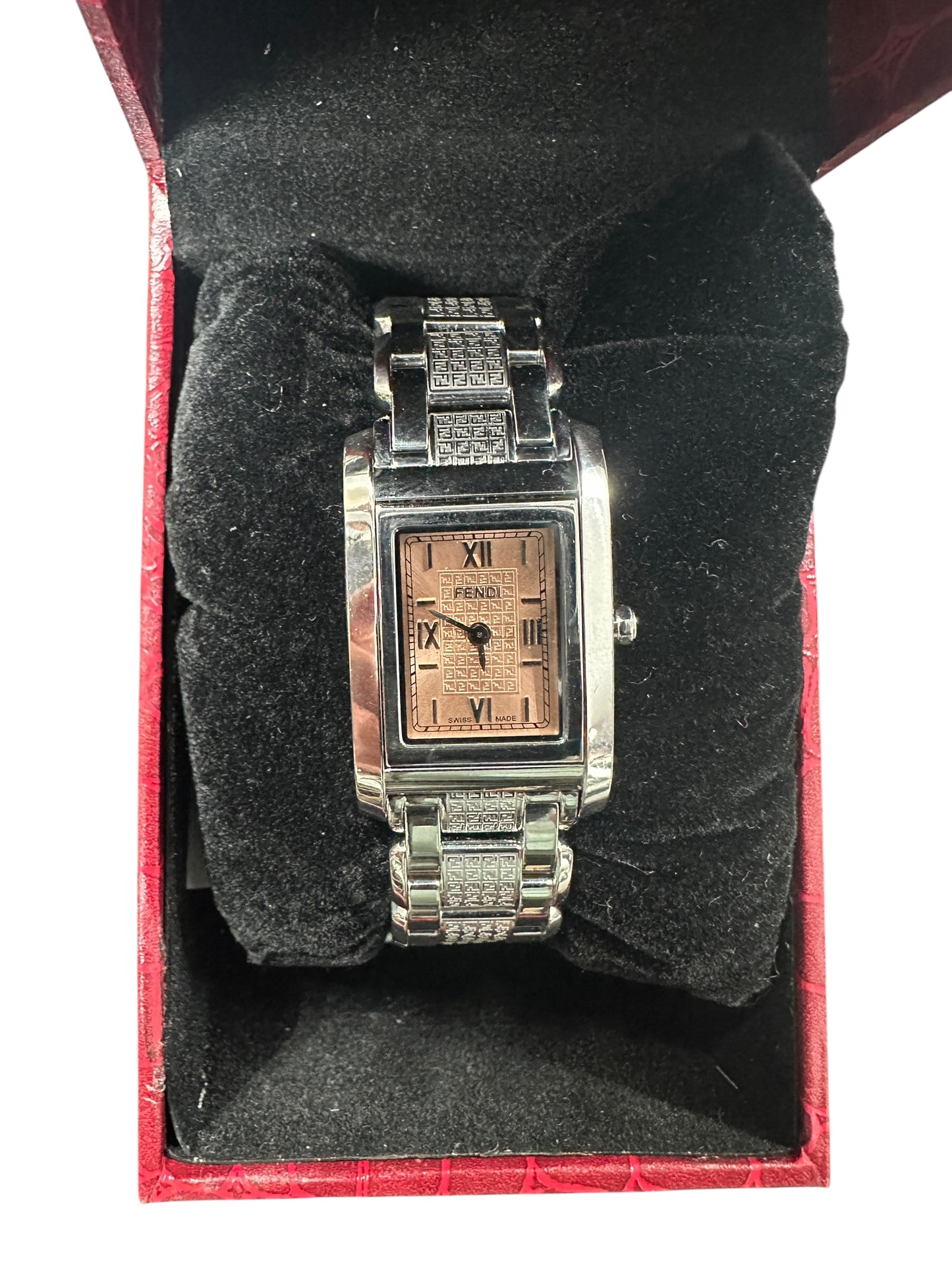 FENDI Swiss Made Rectangular Pink Zucca Pattern Dial Watch ER49