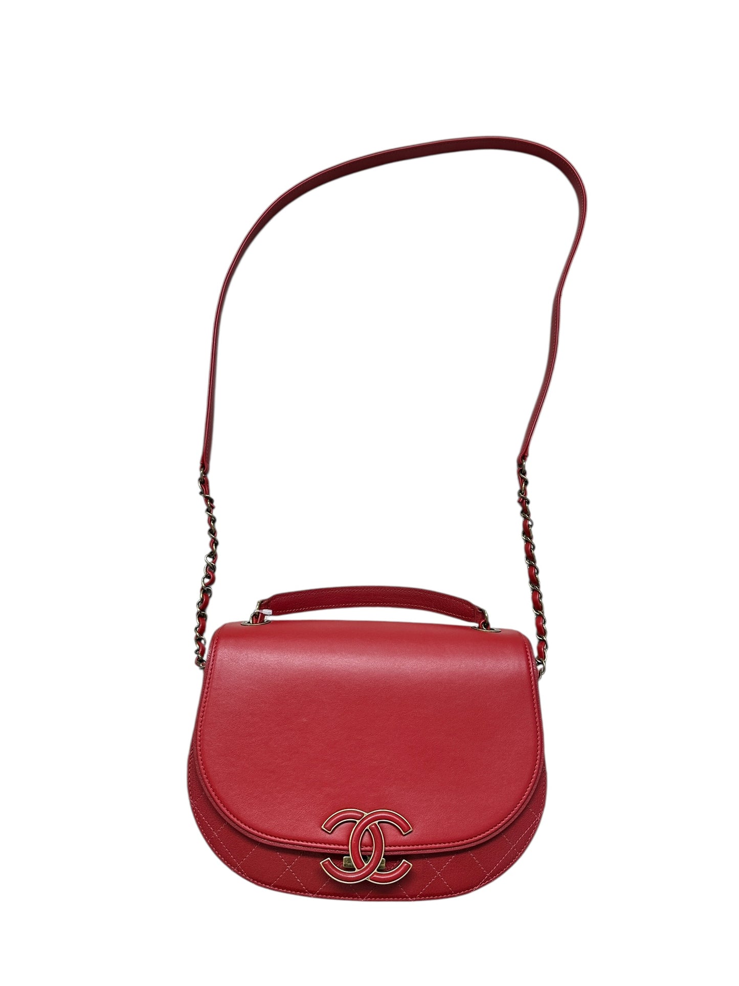 Chanel Top Handle Saddle Messenger Flap Bag Quilted Leather Red -CH1781