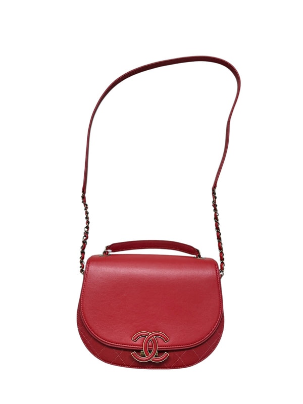 Chanel Top Handle Saddle Messenger Flap Bag Quilted Leather Red CH1781