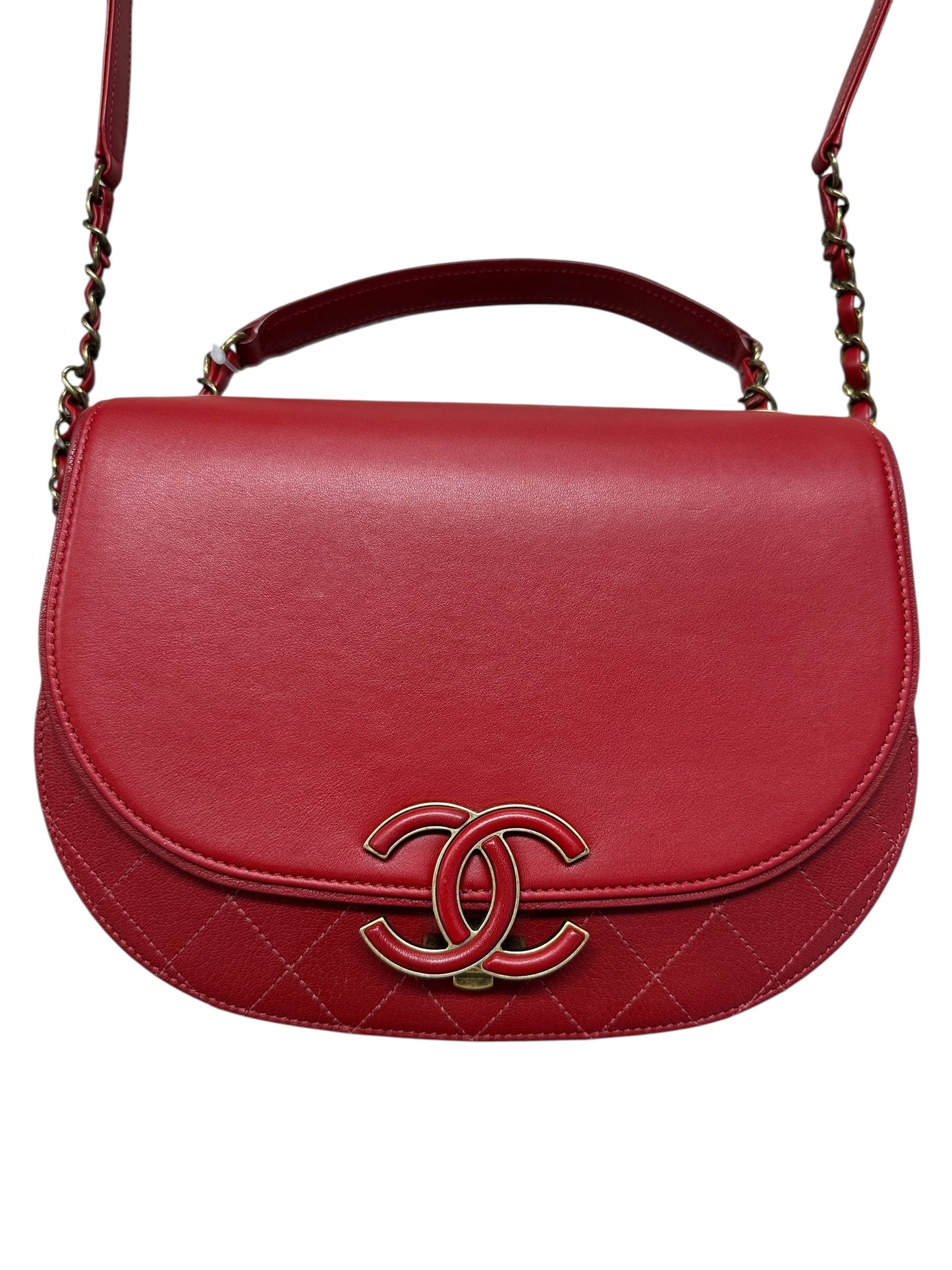 Chanel Top Handle Saddle Messenger Flap Bag Quilted Leather Red -CH1781