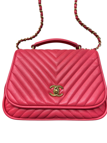 Chanel Chevron Top Handle Flap Bag Leather Pink -CH1936