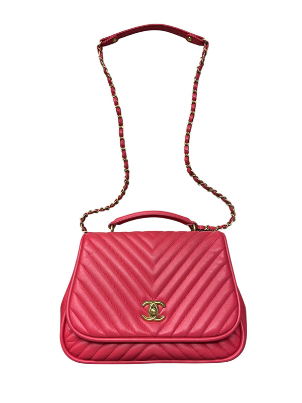 Chanel Chevron Top Handle Flap Bag Leather Pink CH1936