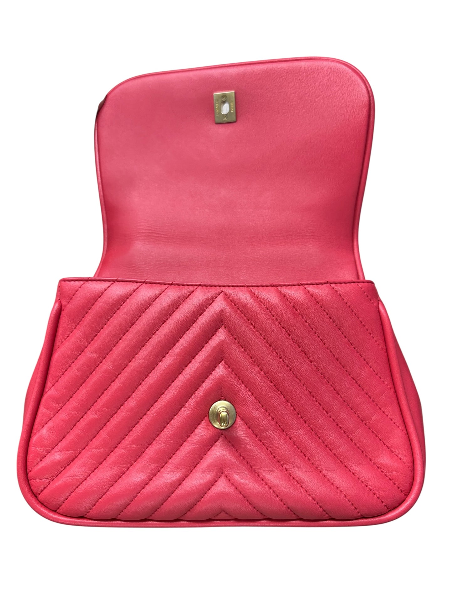 Chanel Chevron Top Handle Flap Bag Leather Pink -CH1936