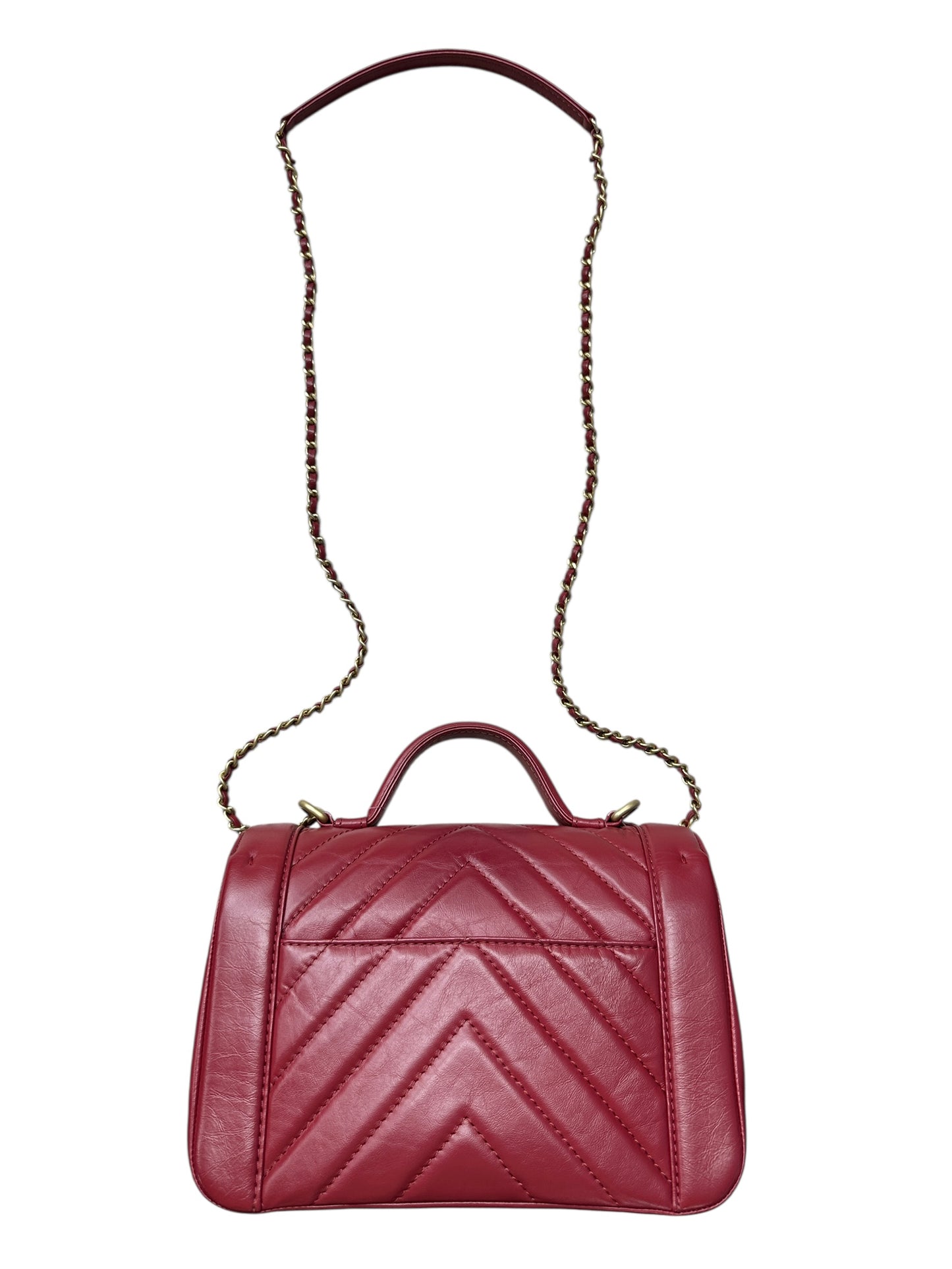 Chanel Chevron Top Handle Flap Bag Leather Red -CH1975