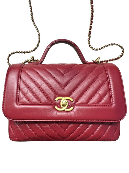 Chanel Chevron Top Handle Flap Bag Leather Red -CH1975