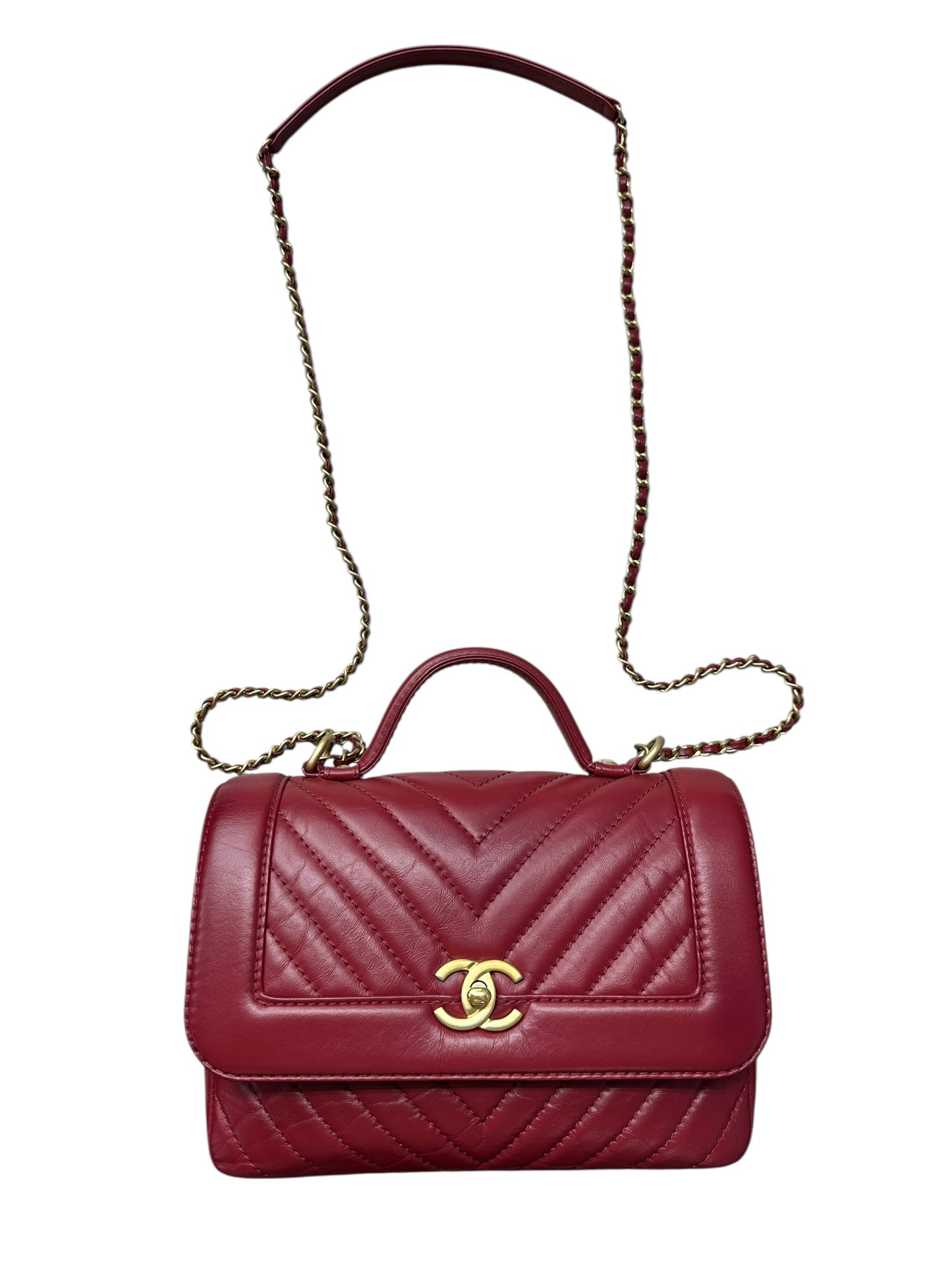 Chanel Chevron Top Handle Flap Bag Leather Red -CH1975