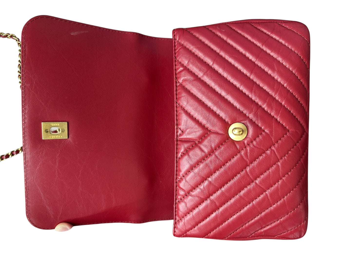 Chanel Chevron Top Handle Flap Bag Leather Red -CH1975