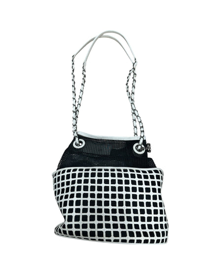 CHANEL Mesh and Leather Grid Bucket Bag Black White Silver Hardware CH2058