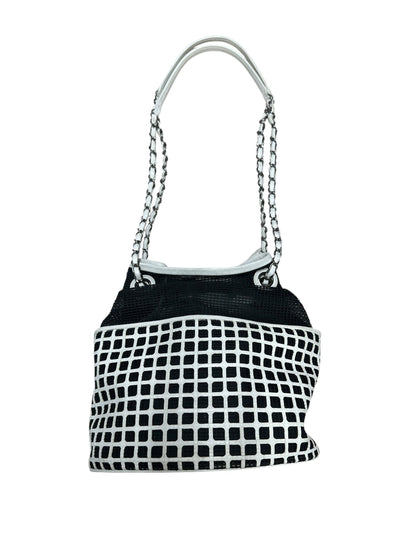 CHANEL Mesh and Leather Grid Bucket Bag Black White Silver Hardware CH2058