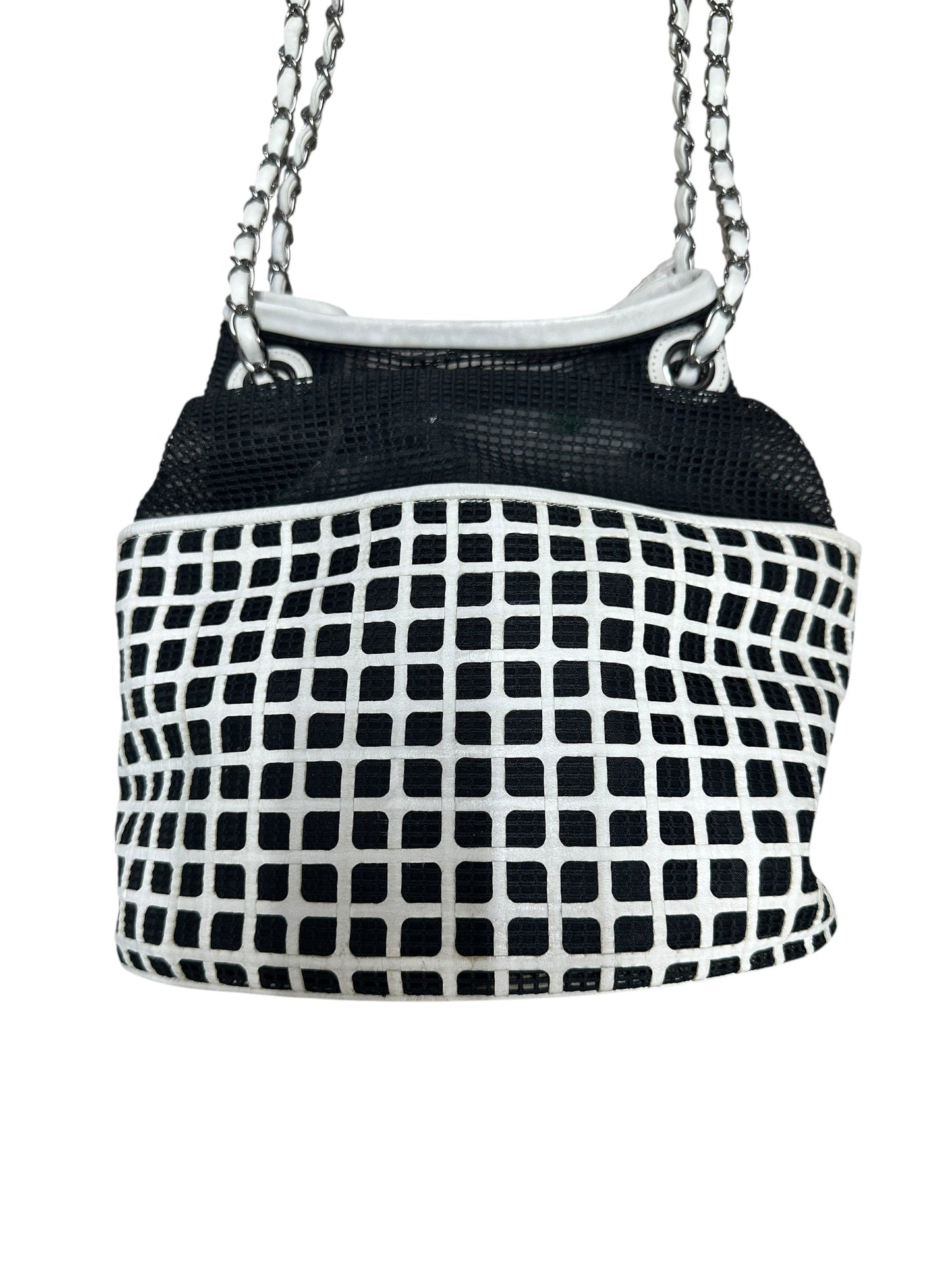 CHANEL Mesh and Leather Grid Bucket Bag Black White Silver Hardware CH2058