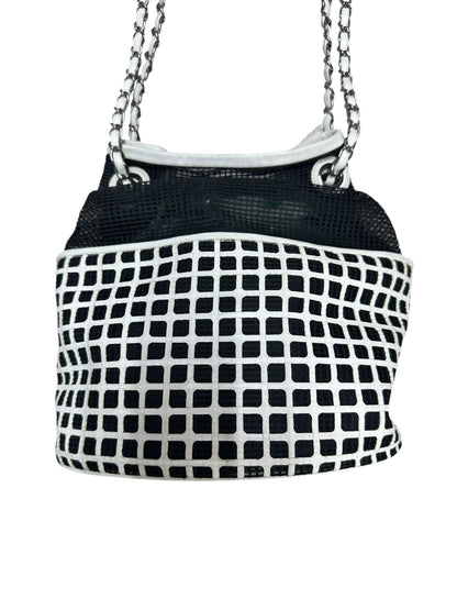 CHANEL Mesh and Leather Grid Bucket Bag Black White Silver Hardware CH2058