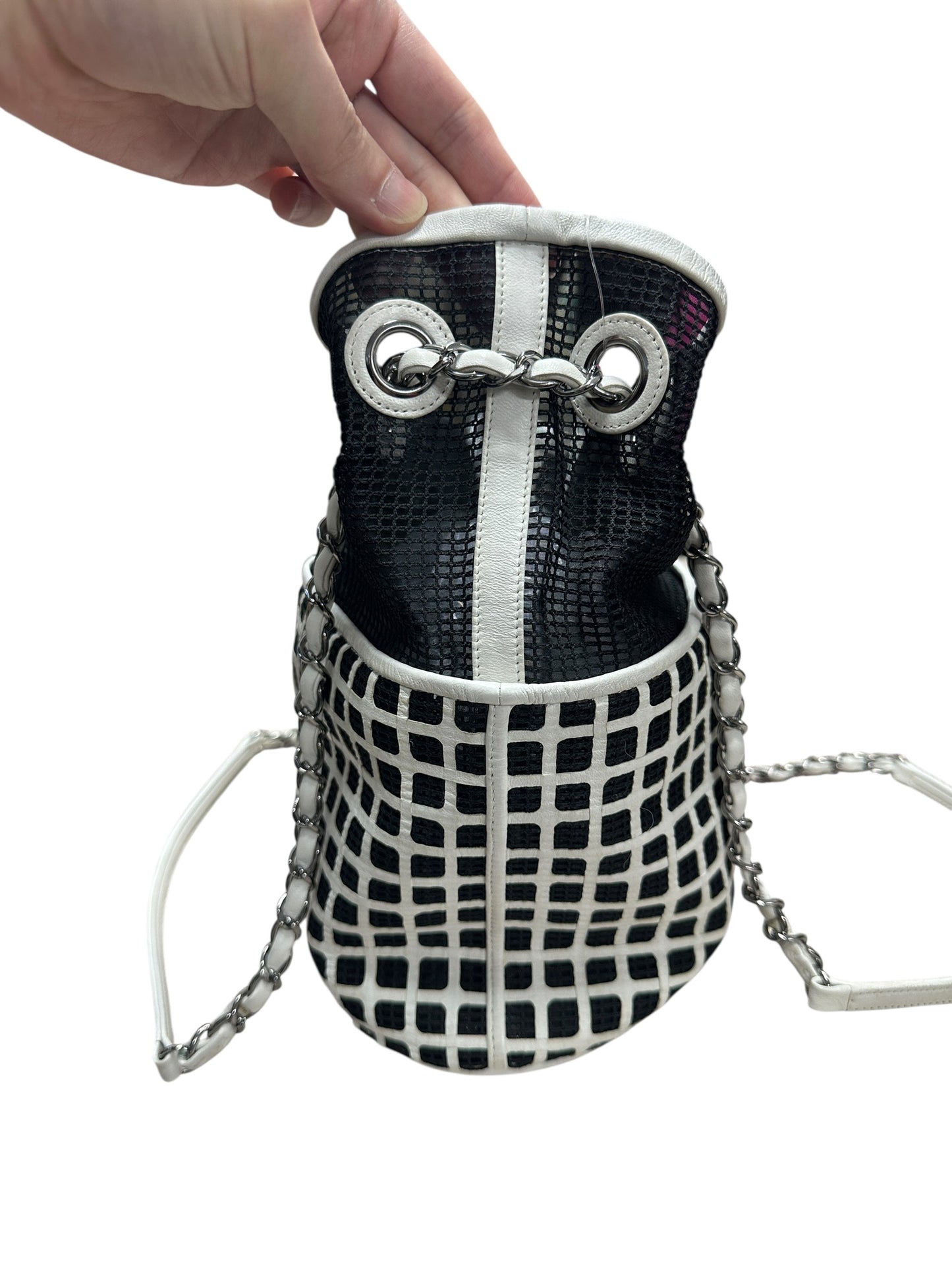 CHANEL Mesh and Leather Grid Bucket Bag Black White Silver Hardware CH2058