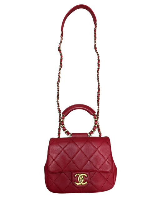 CHANEL Quilted Top Handle Flap Bag Red Lambskin Gold Hardware CH2064