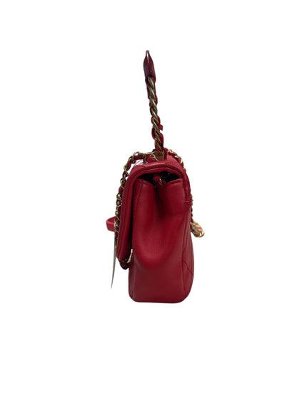 CHANEL Quilted Top Handle Flap Bag Red Lambskin Gold Hardware CH2064