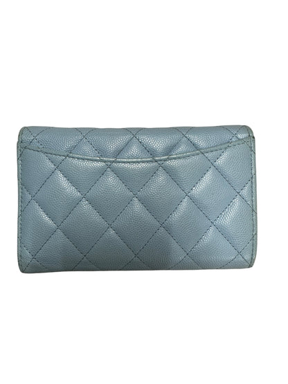 CHANEL Classic Quilted Long Flap Wallet Light Blue Caviar Leather Gold Hardware CH2068