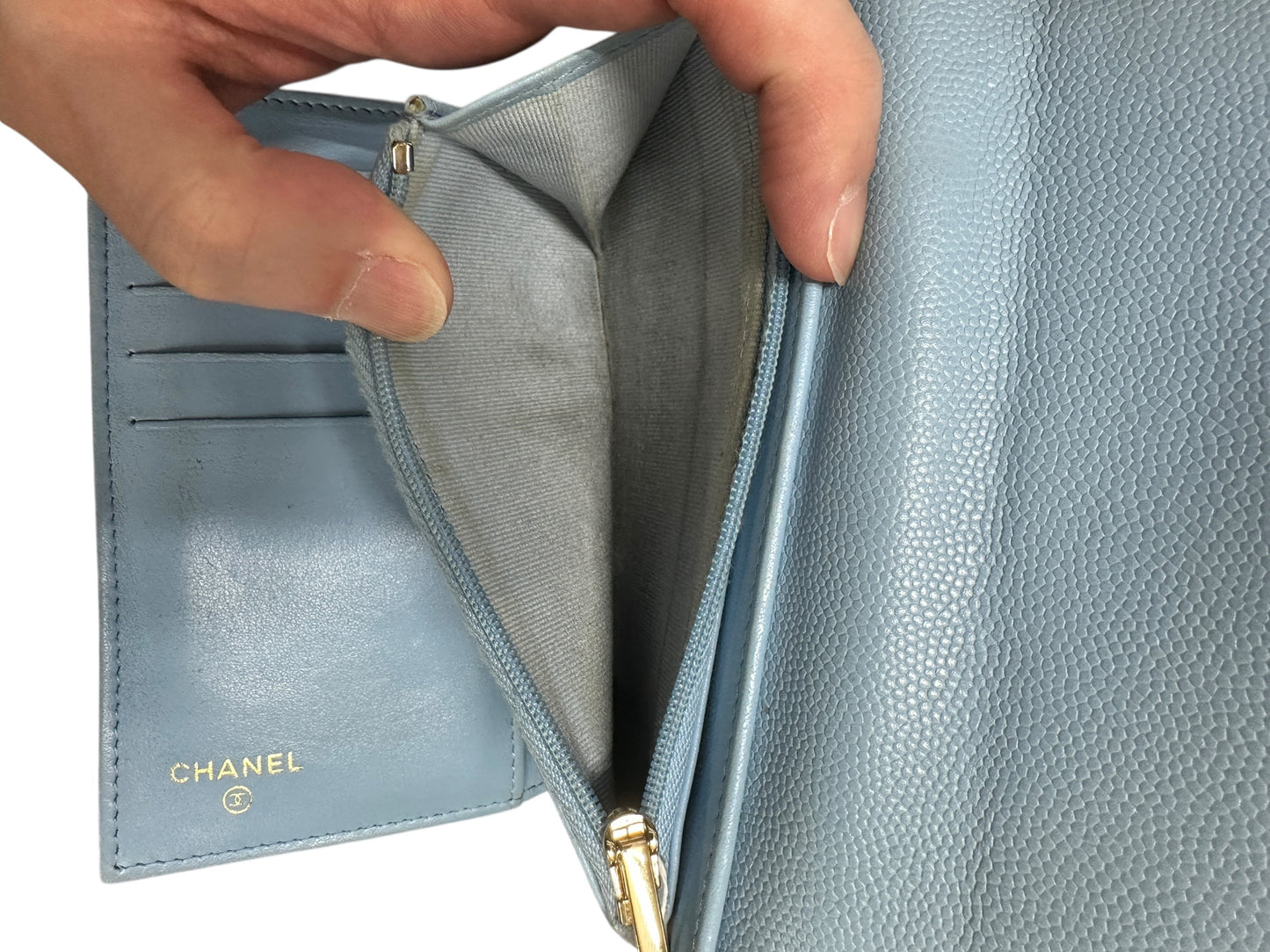 CHANEL Classic Quilted Long Flap Wallet Light Blue Caviar Leather Gold Hardware CH2068