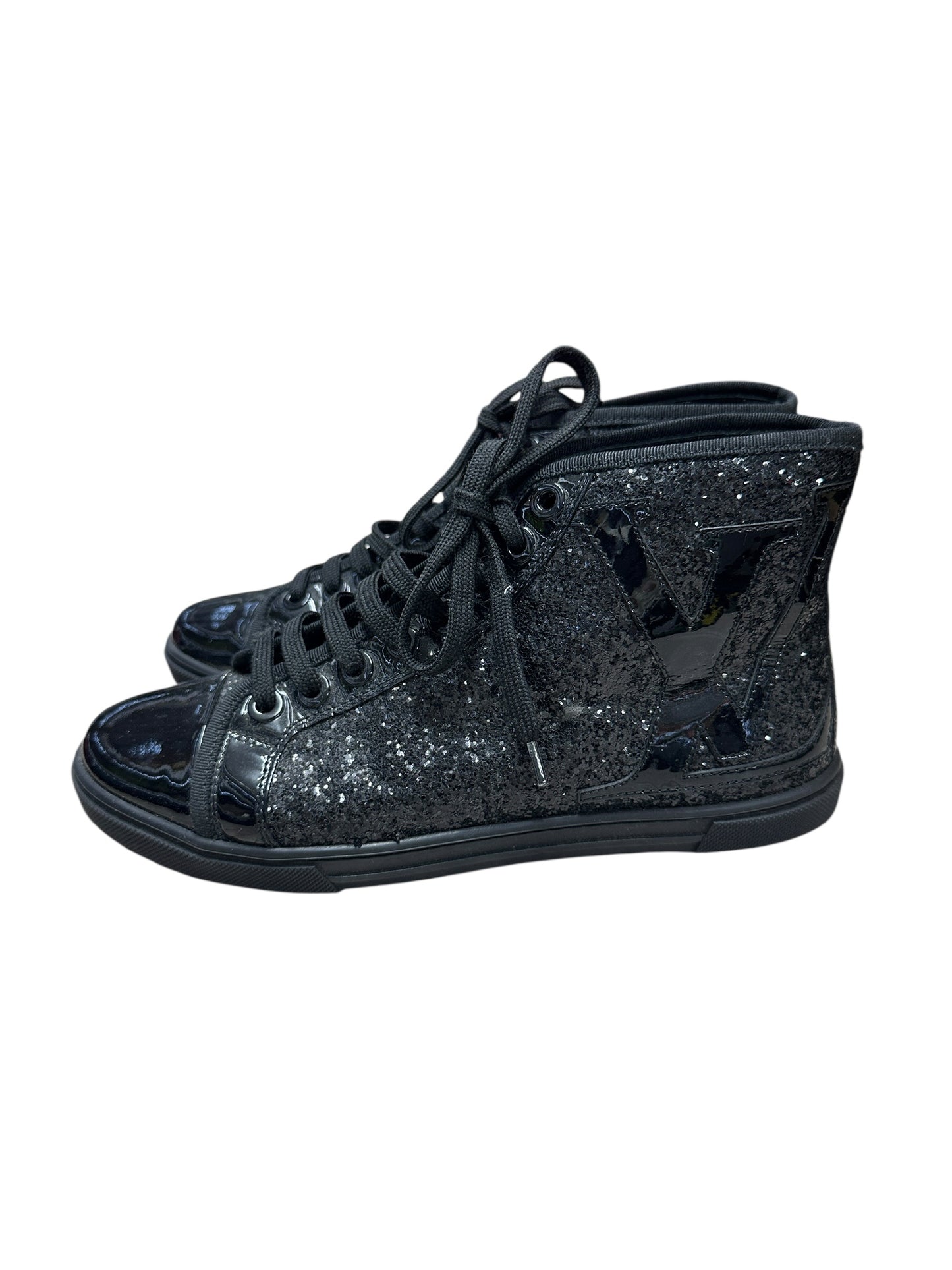 LOUIS VUITTON Sequined Fabric Sneaker Boot High-Top Sneakers Black Silver Hardware LO2027