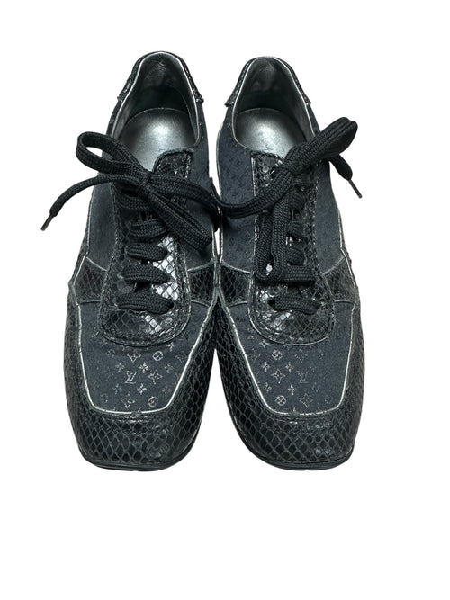 LOUIS VUITTON Monogram Denim LV Trainer Sneaker Black Silver Hardware LO2012