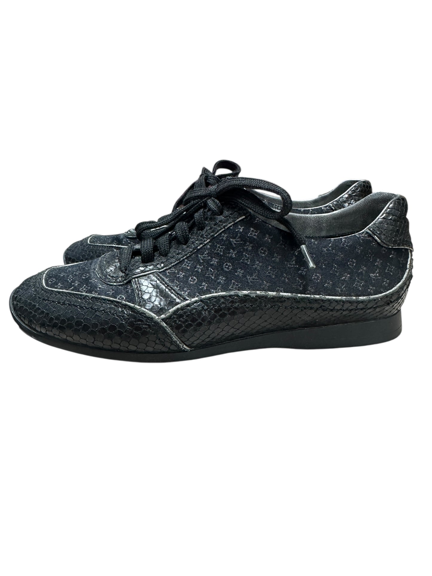 LOUIS VUITTON Monogram Denim LV Trainer Sneaker Black Silver Hardware LO2012