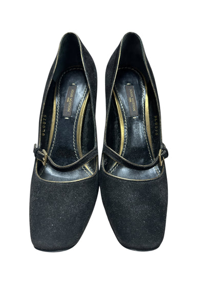 LOUIS VUITTON Suede High Heel Pumps Black Gold Hardware LO2029