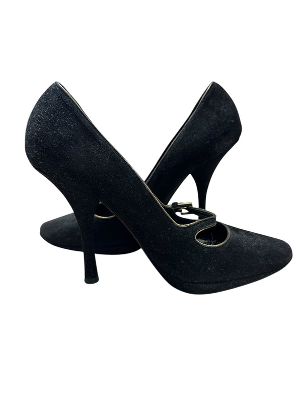 LOUIS VUITTON Suede High Heel Pumps Black Gold Hardware LO2029