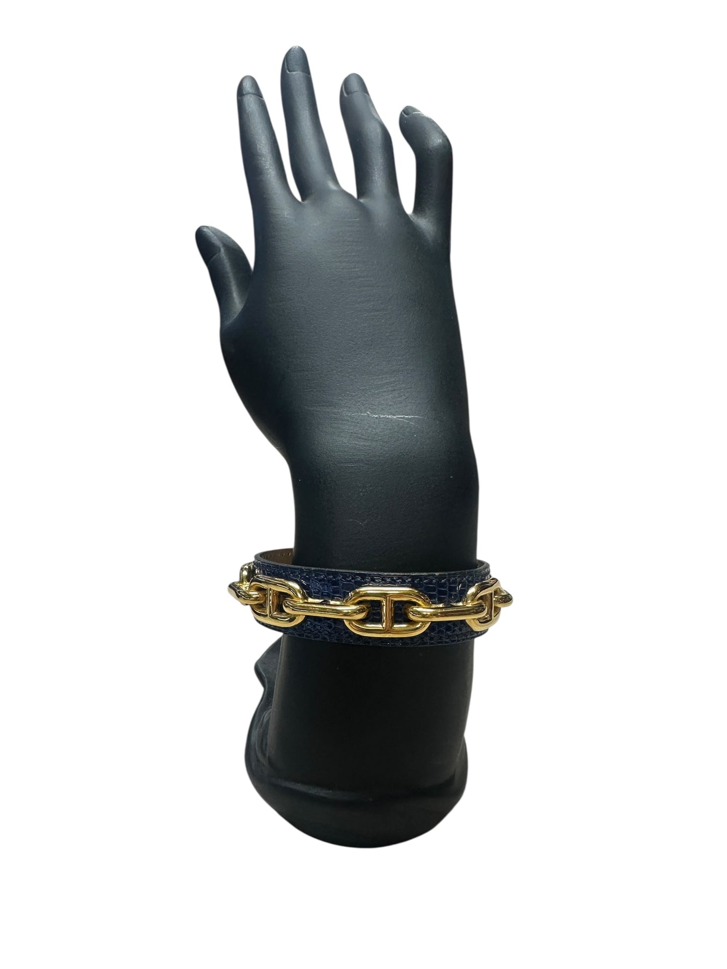 Hermès Chaine d'Ancre Exotic Leather Cuff Bracelet Bangle Navy / Gold HE440