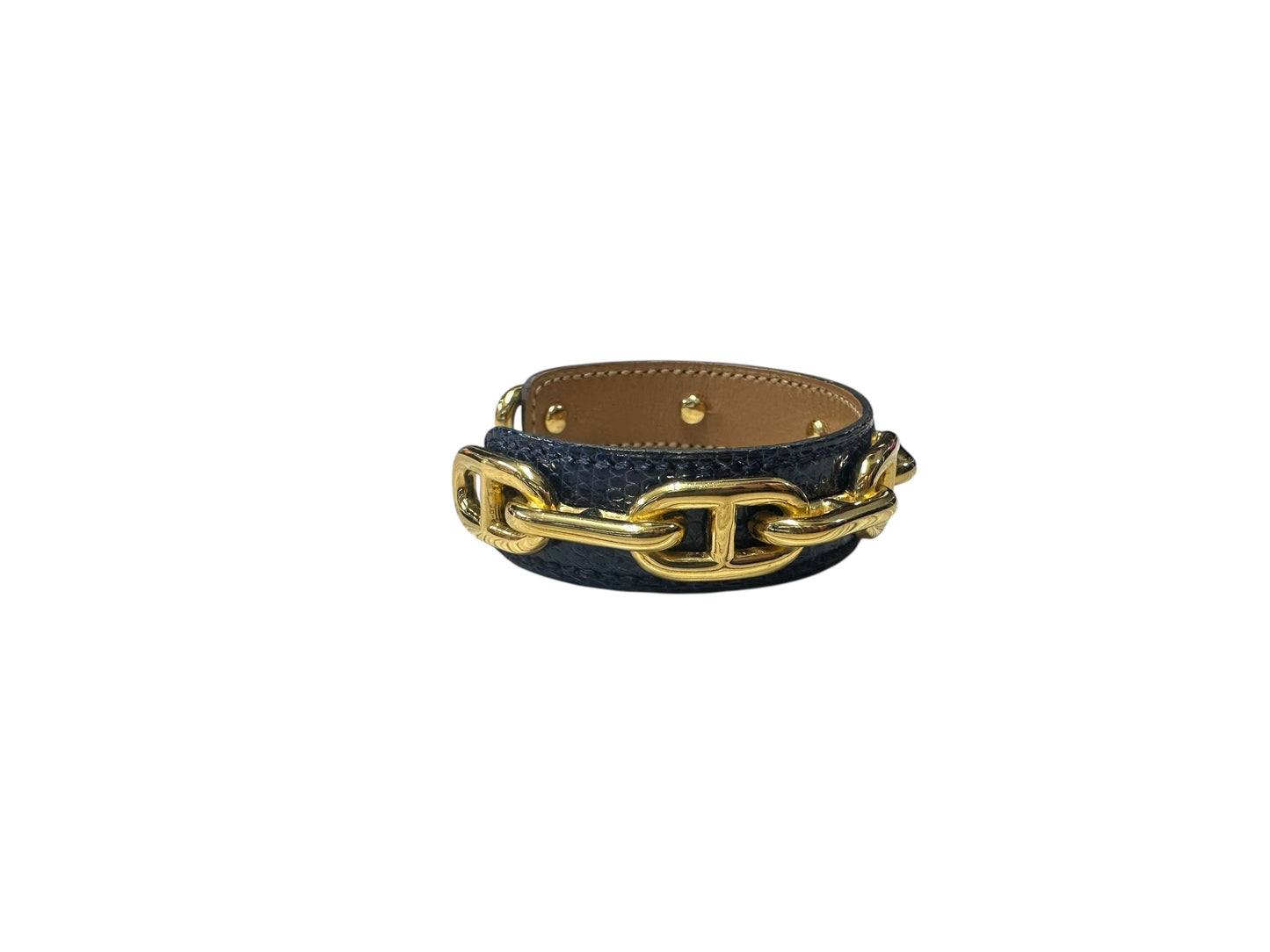 Hermès Chaine d'Ancre Exotic Leather Cuff Bracelet Bangle Navy / Gold HE440