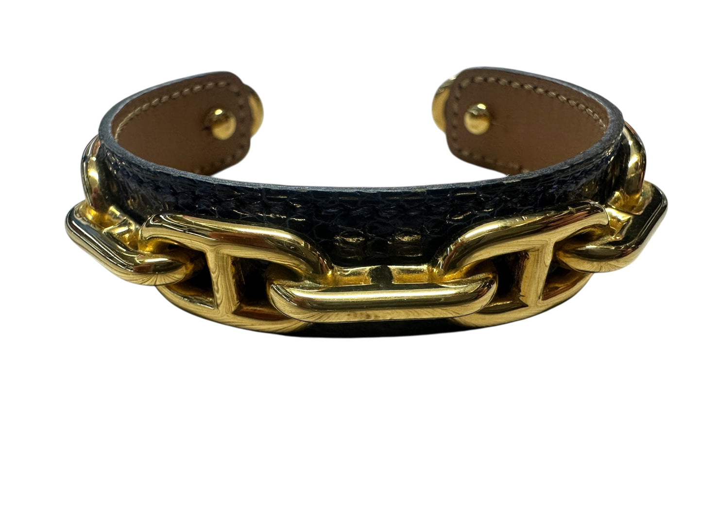 Hermès Chaine d'Ancre Exotic Leather Cuff Bracelet Bangle Navy / Gold HE440