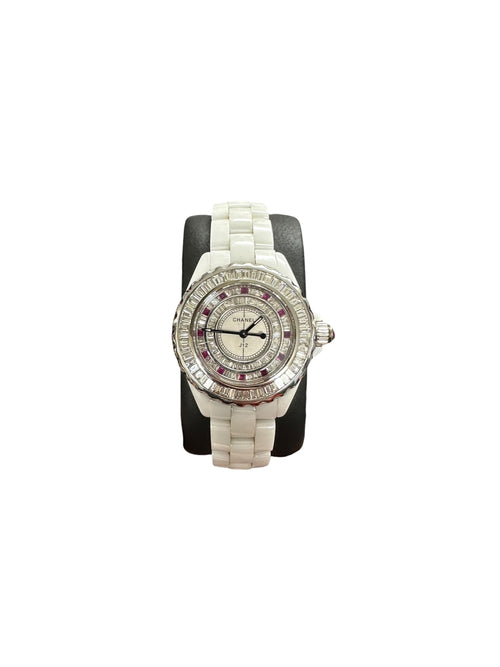 Chanel J12 White Ceramic Quartz Watch Baguette Stone Bezel &amp; Dial KA392