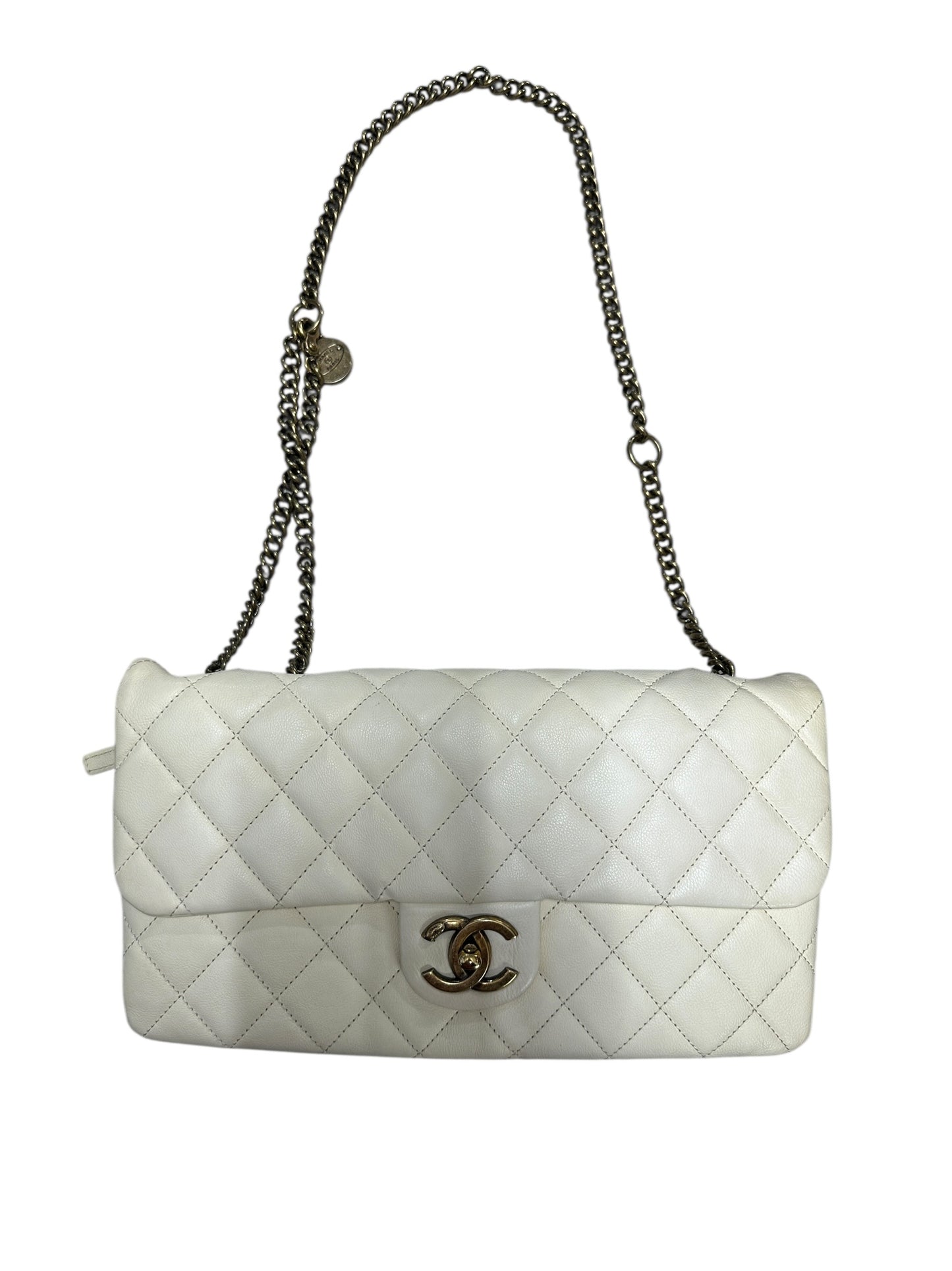 Chanel Quilted Leather Expandable Flap Bag Chain Shoulder Off-White CH2102