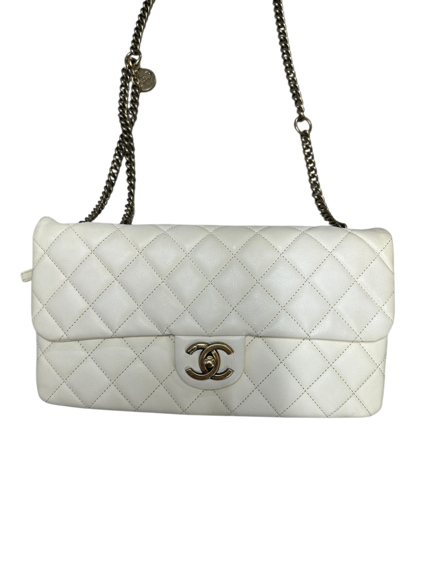 Chanel Quilted Leather Expandable Flap Bag Chain Shoulder Off-White CH2102
