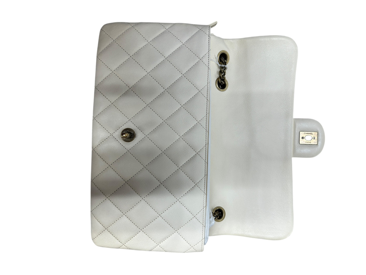 Chanel Quilted Leather Expandable Flap Bag Chain Shoulder Off-White CH2102