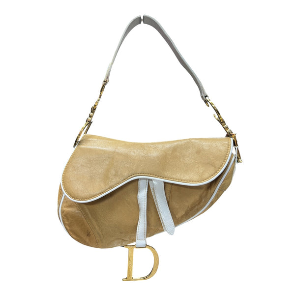 CHRISTIAN DIOR Leather Saddle Shoulder Bag Beige/White Gold Hardware Ch2104