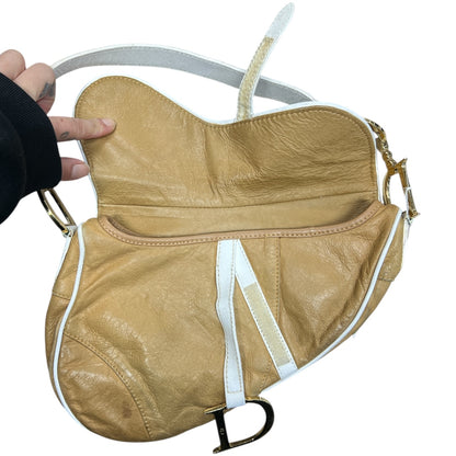 CHRISTIAN DIOR Leather Saddle Shoulder Bag Beige/White Gold Hardware Ch2104