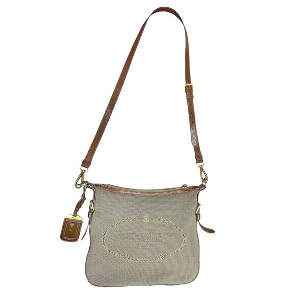 PRADA Canapa Logo Crossbody Bag Beige/Brown Gold Hardware PR178