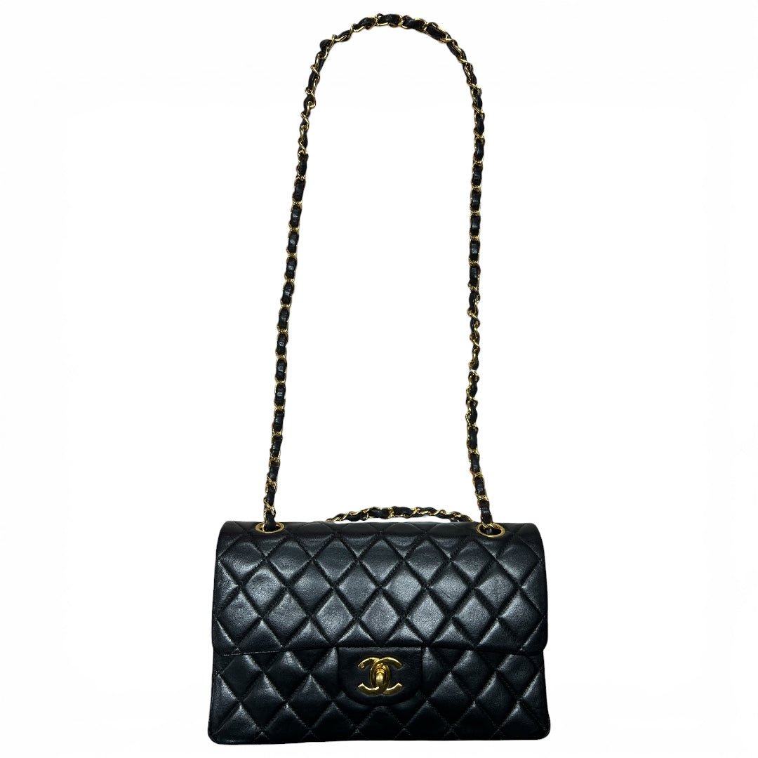 CHANEL Lambskin Classic Double Flap Shoulder Bag Black Gold Hardware CH2112